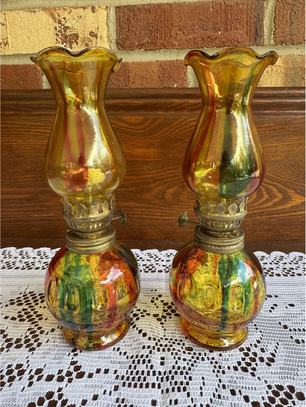 Pair of Vintage Colorful Vintage Glass Oil Lamps